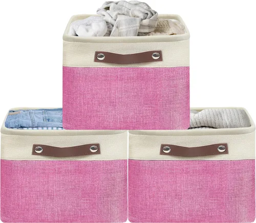 Miniatura 11 de Simple Houseware Cubos de almacenamiento de tela grandes de 13 x 13 pulgadas para armario y organizador de cubos, paquete de 3, color beige
