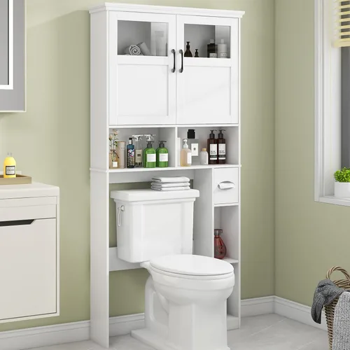 Miniatura 11 de Vabches Armario de almacenamiento sobre el inodoro con puertas dobles, soporte para papel higiénico y estante ajustable, ahorro de espacio Gris