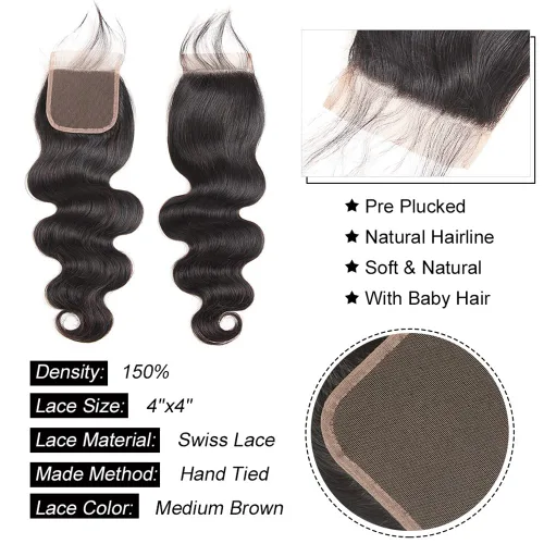 Miniatura 4 de Paquetes con extensiones de cabello ondulado con cierre (10 12 14+10, parte libre) cierre de encaje 4×4 con 3 paquetes 100% cabello humano virgen