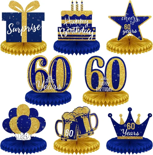 Miniatura 9 de Spakon 8 Piezas Decoraciones de Mesa Centros de Mesa de Panal con Purpurina Adornos de Mesa Decoraciones de Fiesta para Hombres y Mujeres Azul dorado