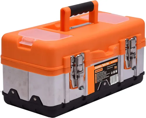 Edward Tool - Caja de herramientas de acero inoxidable de 16 pulgadas - Pequeña caja organizadora de metal con bandeja de almacenamiento extraíble -