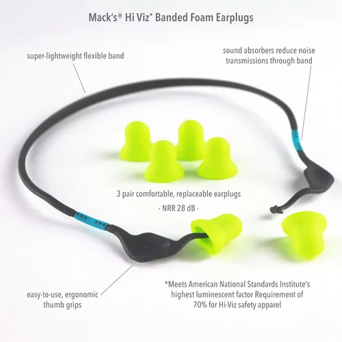 Miniatura 3 de Mack's Hi Viz Tapones para los oídos de espuma con bandas, 3 pares con banda, color más visible, controles de fácil cumplimiento, 28 dB de alto NRR