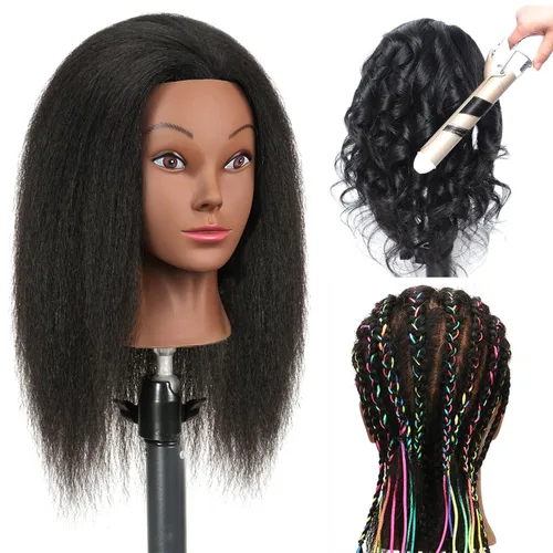 Cabeza de maniquí con cabello humano, cabeza de maniquí de 16 pulgadas, 100% cabello real, cabeza de maniquí de peluquero, cabeza de entrenamiento