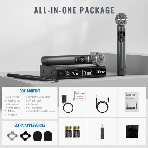Miniatura 7 de Phenyx Pro Sistema de micrófono inalámbrico, juego de micrófono inalámbrico de metal con funda, micrófonos dinámicos inalámbricos de mano