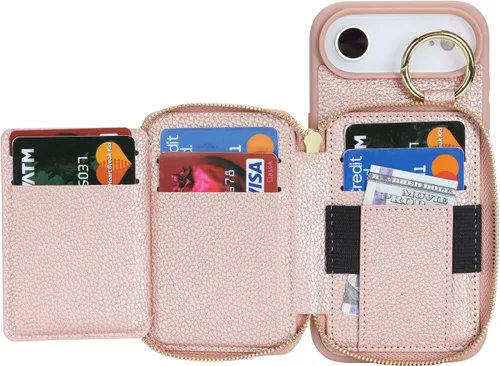 Miniatura 5 de Funda compatible con iPhone Air Wallet con tarjetero para iPhone Air, funda con cremallera y ranura para mujer, 5G de 6.5 pulgadas, color oro rosa