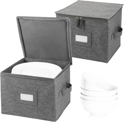 popoly Paquete de 2 cajas de almacenamiento para platillos de 7", contenedor de almacenamiento de vajilla con 24 divisores de fieltro para cuencos y