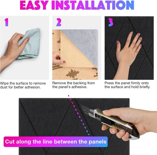 Miniatura 7 de Paquete de 18 paneles acústicos autoadhesivos, paneles absorbentes de sonido de 12 x 12 x 0.4 pulgadas, paneles cuadrados de alta densidad a prueba