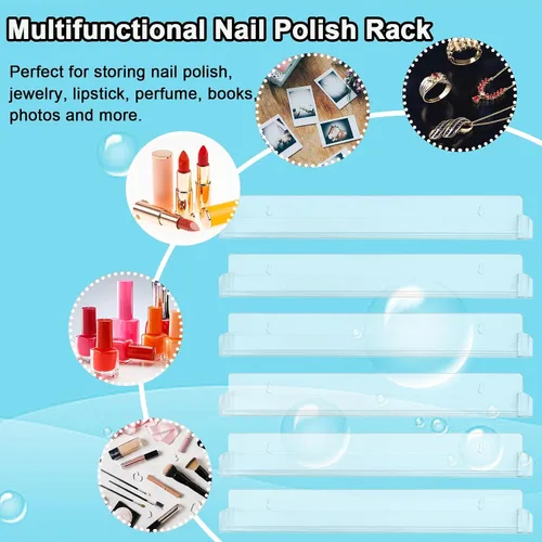 Miniatura 7 de Paquete de 6 estantes de esmalte de uñas, estante organizador montado en la pared con inserciones de extremo antideslizantes extraíbles, soporte