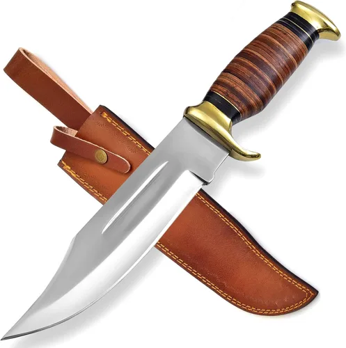 Cuchillo Bowie de hoja fija D2 Acero 12.5 pulgadas | Cuchillo de caza, mango de cuero | Caza, desollado, camping | Cuchillo Bowie grande de caza