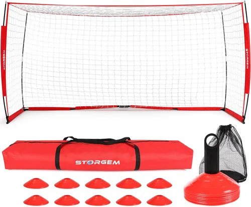 Miniatura 10 de Storgem Portería de Fútbol, Red de Fútbol, Porterías de Fútbol para Patio Trasero, con Marco de Lazo, Base Metálica Plegable y 15 Conos
