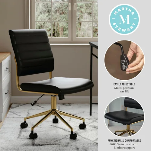 Miniatura 4 de Martha Stewart Ivy - Silla giratoria sin brazos para oficina en casa en piel sintética negra con marco de latón pulido