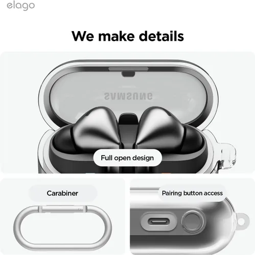 Miniatura 6 de elago Compatible con Samsung Galaxy Buds 3 Pro y 3 y 3 FE, funda transparente con mosquetón, cubierta de TPU premium, carga inalámbrica, accesorios
