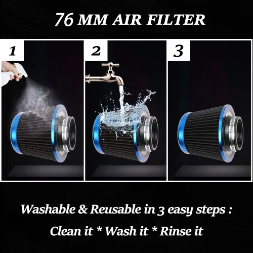 Miniatura 5 de Filtro de admisión de aire frío, alto rendimiento, filtro lavable, filtro de aire de reemplazo con abrazadera, diámetro de brida 76 mm/3 pulgadas