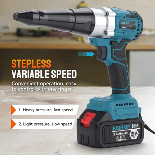 Miniatura 6 de Pistola remachadora inalámbrica sin escobillas, kit de remachador eléctrico portátil automático de 2248lbf para remaches de 1/8" 5/32" 3/16" con 2