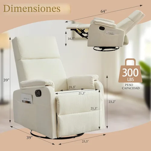 Miniatura 2 de Sillas reclinables Korser, Silla reclinable giratoria para adultos, Silla mecedora Glider, Silla reclinable pequeña para guardería para sala de Beige