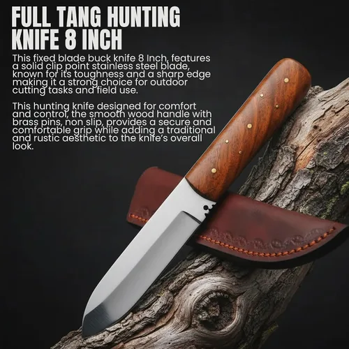 Miniatura 2 de SZCO Cuchillo de Caza Full Tang de 8 Pulgadas - Cuchillo de Campamento Clásico Patch con Mango de Madera de Burlwood, Hoja de Acero Inoxidable