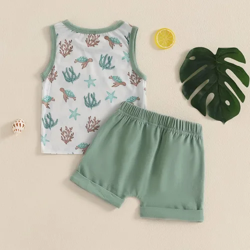 Miniatura 55 de Ropa de bebé niño sin mangas + pantalones cortos con estampado a rayas con bolsillos, 2 piezas de trajes de verano