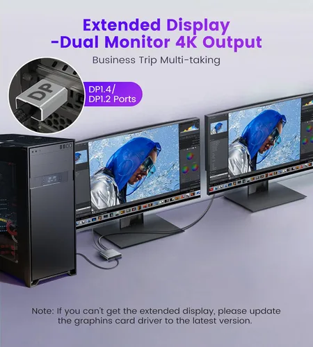 Miniatura 4 de Adaptador divisor Displayport a Dual Displayport 4K @60Hz, adaptador divisor DP 1.4 1 en 2 salidas SST/MST pantalla extendida compatible con PC