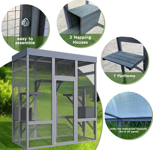 Miniatura 2 de Catio grande de 70 pulgadas para gatos al aire libre, jaula para gatos al aire libre con cubierta impermeable, plataformas de salto de madera
