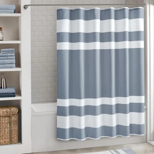 Miniatura 37 de Madison Park Cortina de ducha de tejido waffle con diseño a rayas en piezas, cortina de ducha de tela para baño con gestión de humedad 3M Rayas Taupe