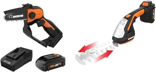 Worx Mini motosierra inalámbrica de 20 V 5 pulgadas, 3.9 libras y 20 V Power Share 4 pulgadas de corte inalámbrico y recortadora de goma de 8