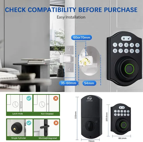 Miniatura 8 de Cerradura inteligente de puerta de huellas dactilares, cerrojo de entrada sin llave con teclado electrónico, control de aplicación Bluetooth, Negro
