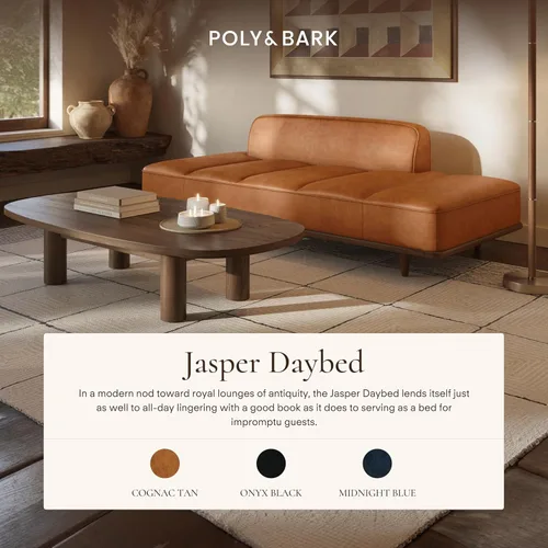 Miniatura 3 de Poly & Bark Jasper Daybed – Cognac Tan – Tapicería de cuero puro de anilina de grano completo – Marco de madera de fresno teñido de nuez, 6.6 pies