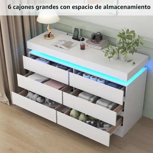 Miniatura 5 de Gyfimoie Cómoda de 6 cajones con toma de corriente, Cómoda con luz LED, Cajonera moderna para armario, Organizador de cajones doble ancho para Blanco