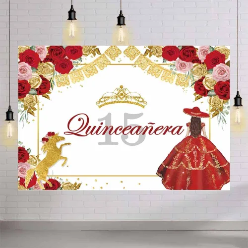 Miniatura 4 de AIBIIN Fondo de quinceañera azul de 7 x 5 pies para quinceañera para cumpleaños de 15 años, telón de fondo de fiesta mexicana, corona de rosa