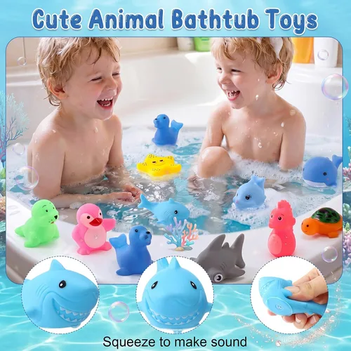 Miniatura 4 de Poen 100 juguetes de bañera de animales marinos a granel, lindos juguetes de baño de goma flotantes, animales chirriantes del océano