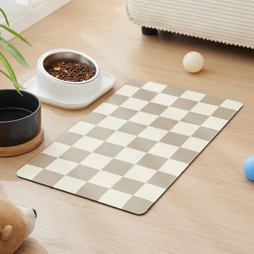 Miniatura 11 de Alfombrilla de alimentación para perros a cuadros, tapetes absorbentes para tazón de comida y agua para perros, dispensador, estética retro beige