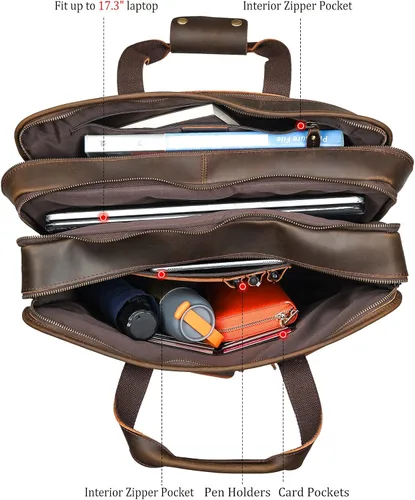 Miniatura 4 de Polare - Maletín de cuero de grano completo de 18.5 pulgadas para computadora portátil, bolsa de mensajero para hombres, grande para portátiles