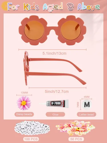 Miniatura 8 de Dunzy 10 pares de lentes de sol redondos de flores para niños, gafas de bricolaje para exteriores, con 50 margaritas, 100 cuentas de letras al azar