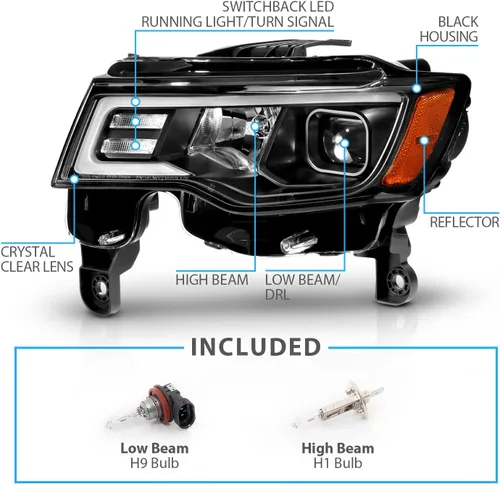 Miniatura 4 de AmeriLite - Conjunto de faros delanteros de repuesto para Jeep Grand Cherokee Switchback 2017-2022, faros de proyector cuadrados LED, negro, lado