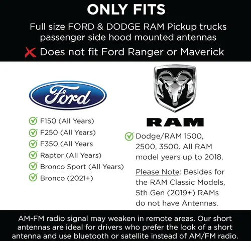 Miniatura 2 de EcoAuto Antena corta Ford compatible con F150 F250 F350 Super Duty, Bronco, Ford Raptor Accesorios y Dodge RAM - Diseño antirrobo - Antena segura