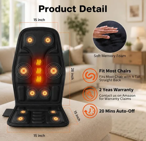 Miniatura 5 de SLOTHMORE Masajeador de espalda de vibración para silla con calor, almohadilla masajeadora de silla con 8 vibraciones, cojín de asiento de masaje