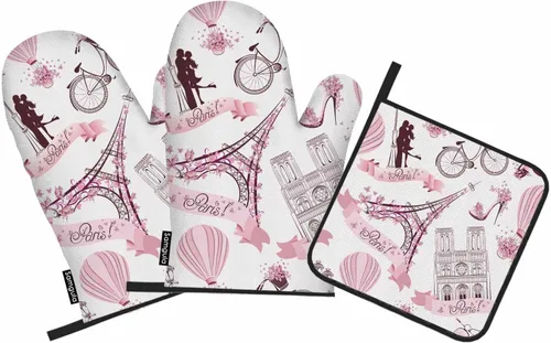 Juego de manoplas de horno y soportes para ollas de París, color rosa, torre Eiffel, romántico, resistente al calor, 3 piezas para cocinar, hornear,