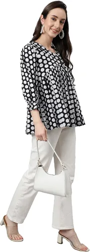 Miniatura 4 de Janasya Top Peplum de algodón negro con estampado de lunares para mujer india
