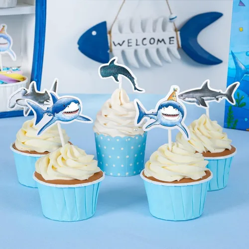 Miniatura 2 de WERNNSAI 36 piezas de decoración para pastel de tiburón - Adornos de pastel de tiburón para fiesta de cumpleaños temática de océano, decoración