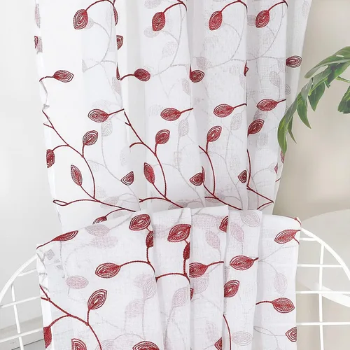 Miniatura 6 de Tollpiz - Cortinas cortas traslúcidas con hojas bordadas, de lino texturizado, para cocina, cortina de media longitud, con cortinero, de gasa
