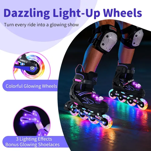 Miniatura 2 de BELEEV Patines en línea con ruedas iluminadas y cordones, cuchillas ajustables de 4 tallas para niños, niños y niñas de 5-8, 8-12, 6-12, patines
