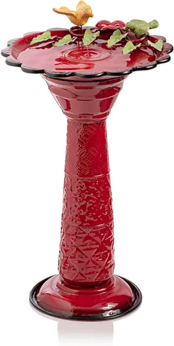 Alpine Corporation - Baño de pájaros de metal para exterior de 28" de alto con estatua de jardín de ardillas y hojas, rojo – Impresionante acento de
