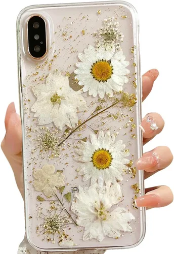 Miniatura 52 de LSEEKA Funda transparente para iPhone 13 Mini/iPhone 12 Mini con diseño de flores reales prensadas, con purpurina, bonito patrón floral blanco, Oro