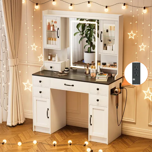 Miniatura 8 de NUNU LAB Escritorio de tocador con espejo y luces, juego de tocador de maquillaje con estante de almacenamiento y 5 cajones, tocador de dormitorio