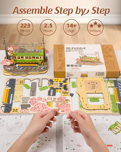 Miniatura 6 de Rolife Sakura Journey Tram - Rompecabezas de madera 3D para adultos, kits de construcción de modelos de bricolaje con luces LED, regalo creativo