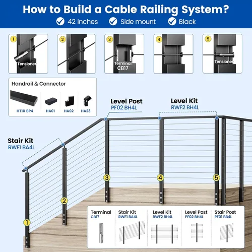 Miniatura 6 de Muzata Kit de barandilla de cable modular negro de 5 a 10 pies de 42 pulgadas, kit de poste de 2 niveles de 42 pulgadas, sistema completo