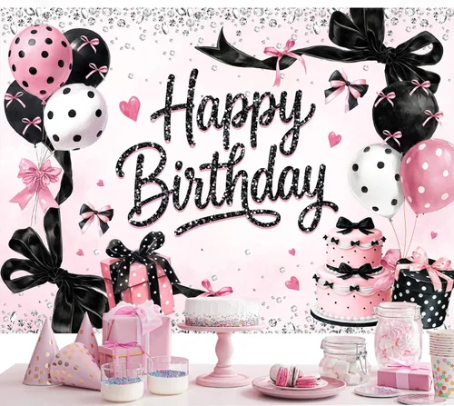 Miniatura 2 de Telón de fondo de feliz cumpleaños negro y rosa de 7 pulgadas de ancho x 5 pies de alto, tela de poliéster, globos de lazo femenino, pastel