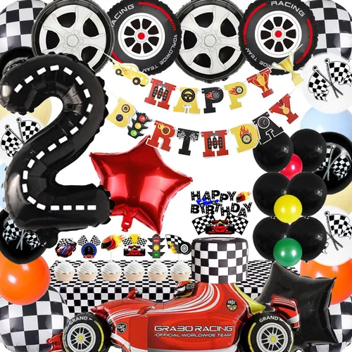 Dos globos para decoración de fiesta de cumpleaños de autos de carreras rápidas, globos rojos y decoración de tartas, estrellas a cuadros negros,