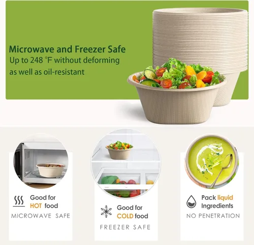 Miniatura 4 de Homestockplus Cuenco grande desechable – Cuencos de papel resistentes – Hecho de caña de azúcar y fibra de bambú, apto para microondas – Cuencos