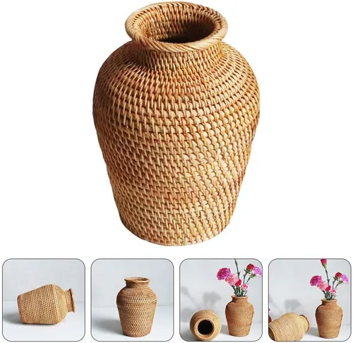 Miniatura 5 de IMIKEYA Jarrón de ratán rústico de granja, jarrón tejido estilo campestre, cesta de flores decorativa, botella para decoración bohemia del hogar